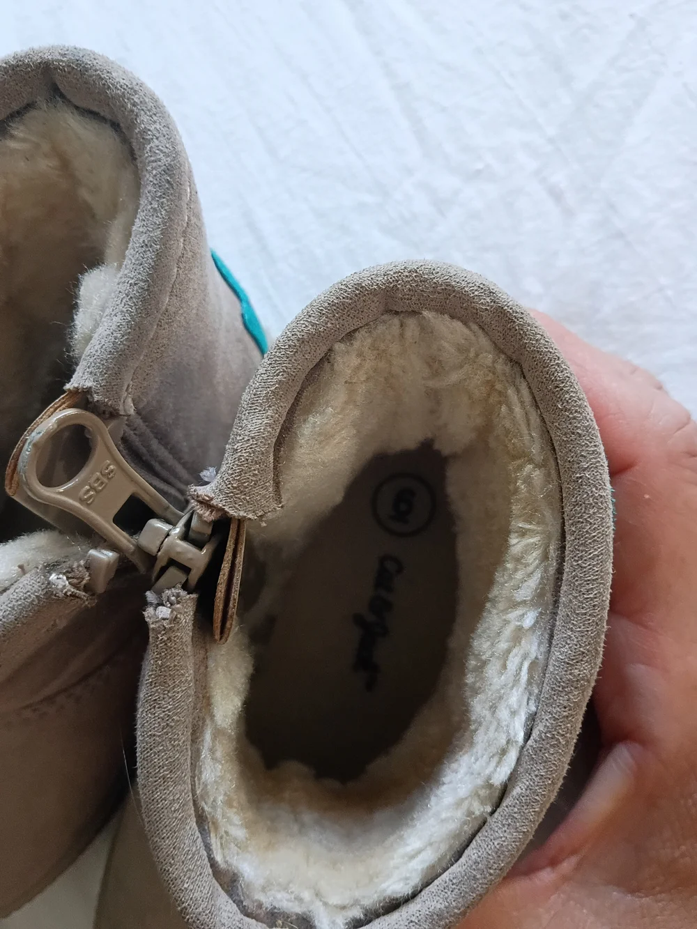 Cat & Jack Beige Suede-Look Kids Boots with Teal Dinosaur